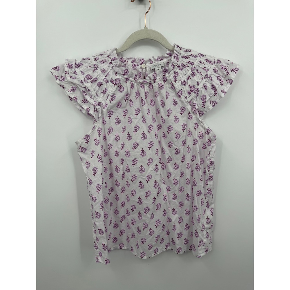 J.Crew CA402 Flutter Sleeve Top Women Size S White Purple Floral Ruffle Cotton‎
